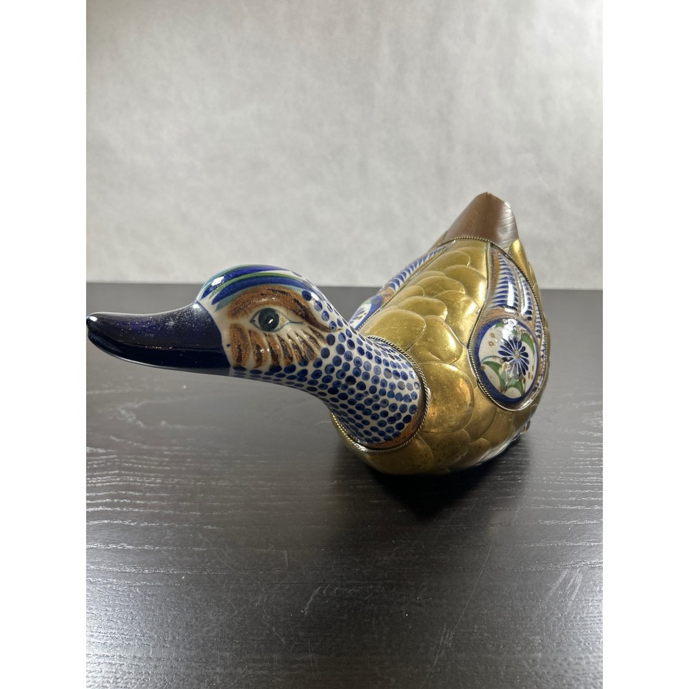 Vintage Tonala Mexico Brass and Pottery Duck Figurine El Palomar Style Folk Art - Picture 2 of 9
